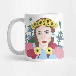 Girl with blue eyes with sunflowers and peonies Mug